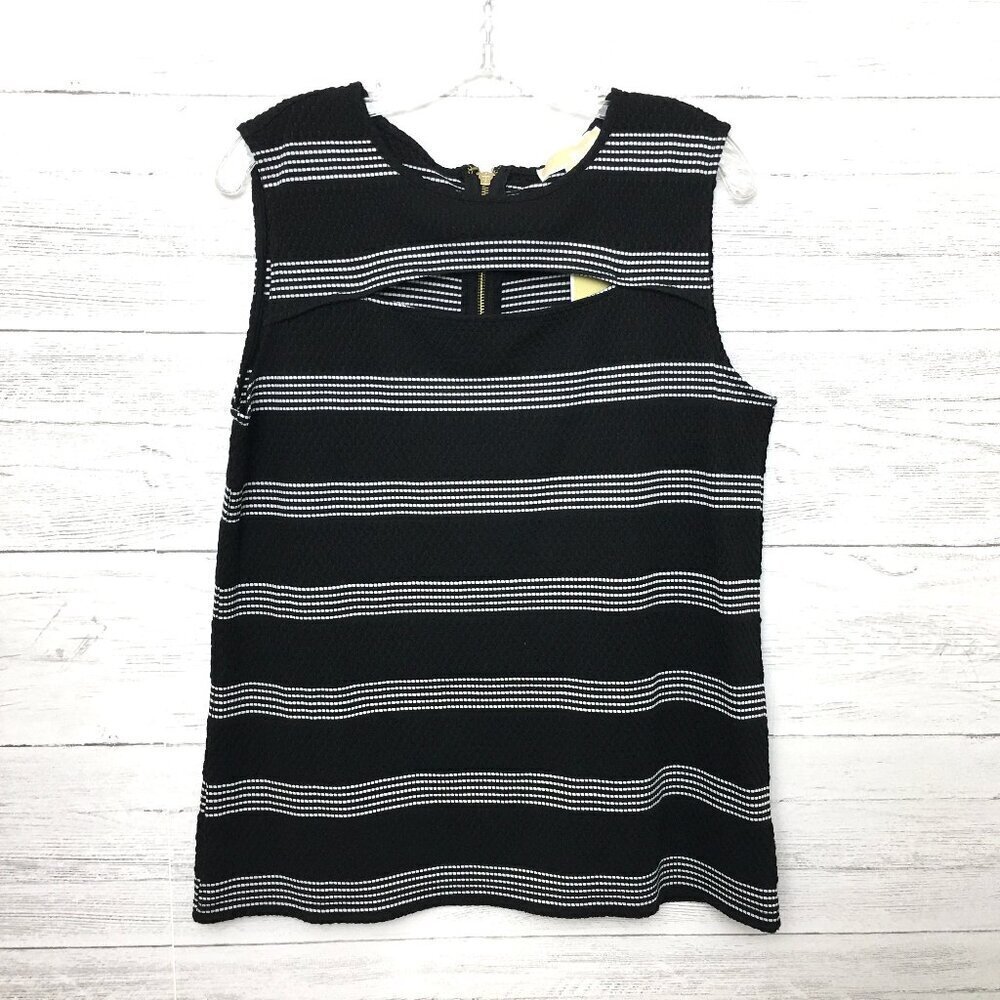 NEW Michael Kors Black & White Striped Sleeveless Top With Cutout Large